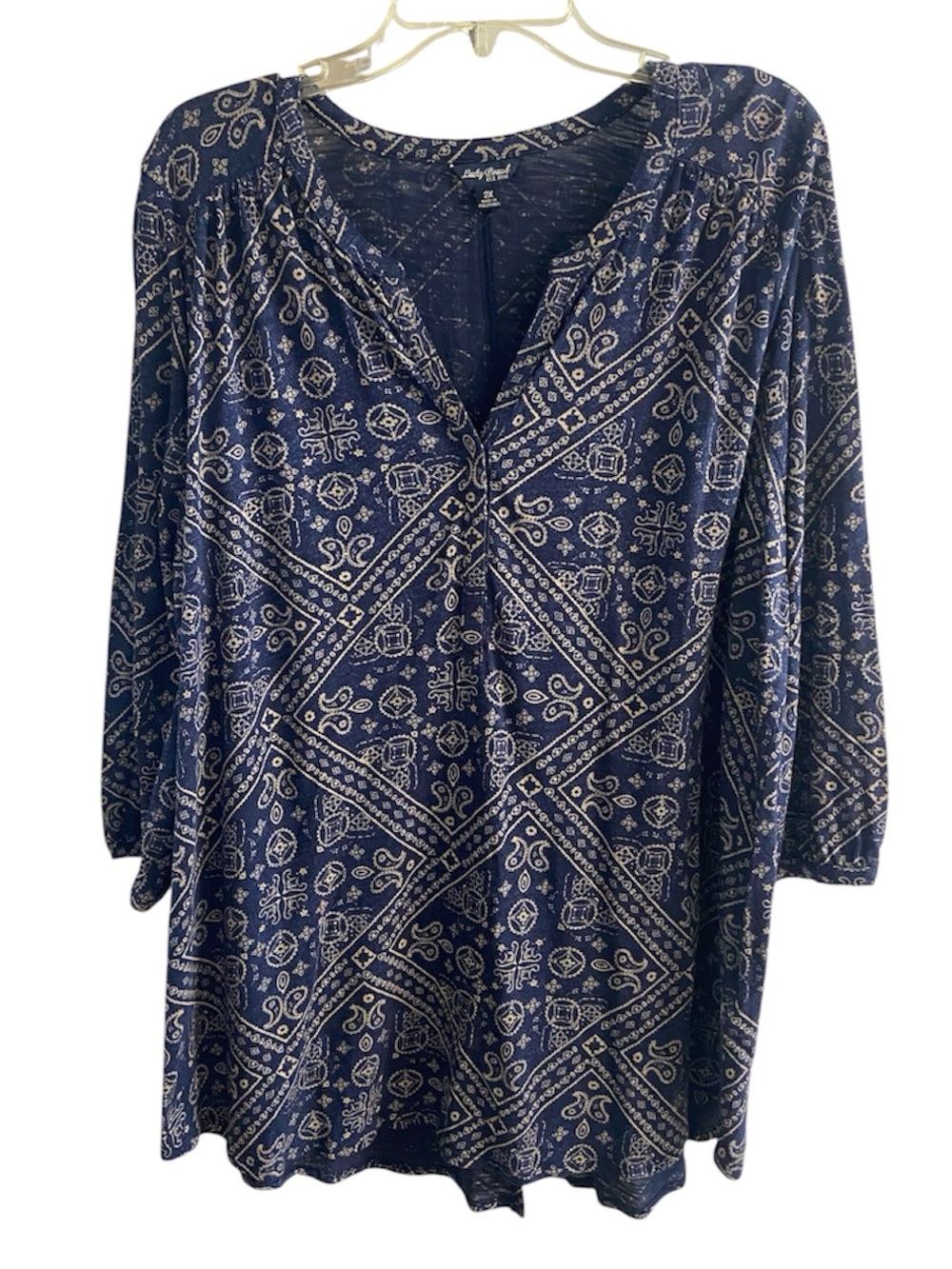 Lucky Brand Plus Navy Bandana Patchwork Print Henley Peasant Blouse 2X
